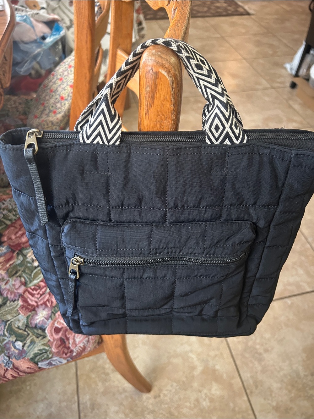Universal Thread Black Quilted Tote with Patterned Handles
